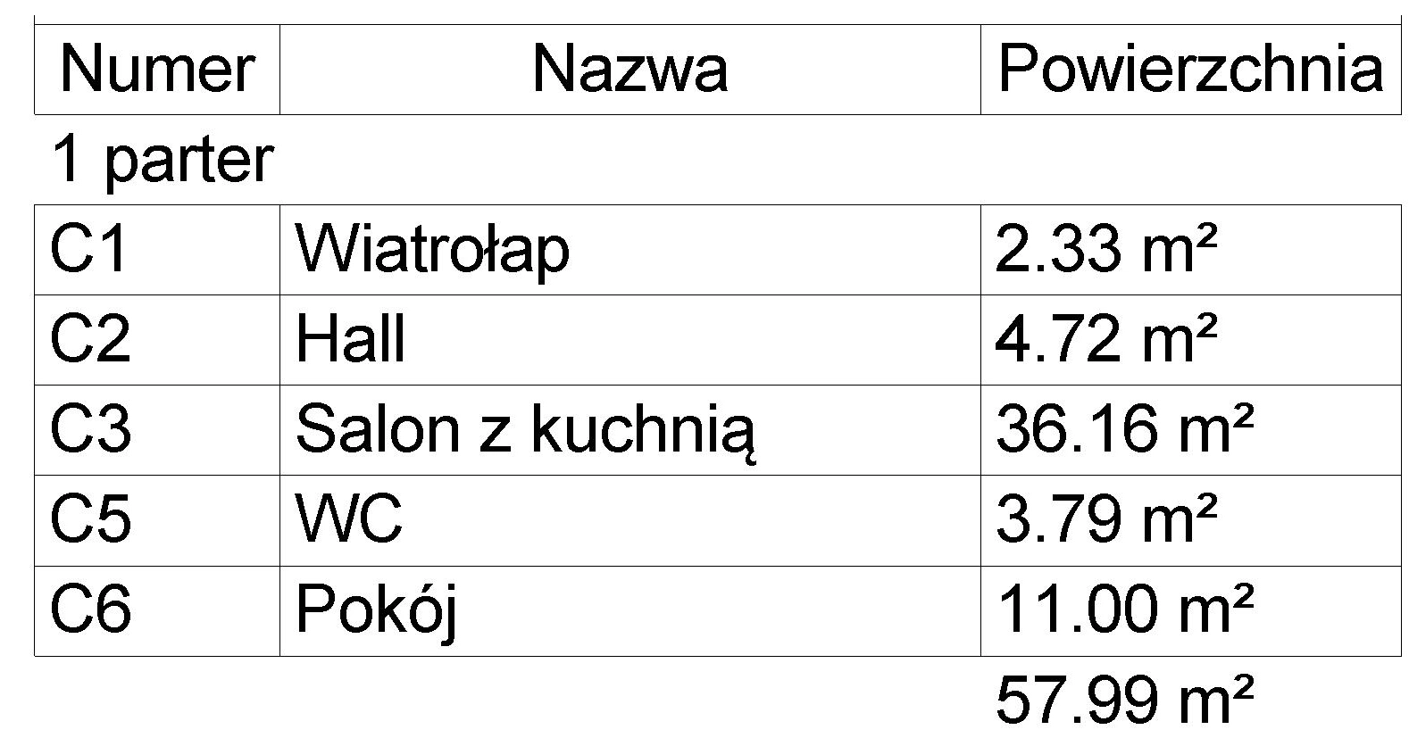 Wykaz pomieszczeń domidea 58 dG w2 - Parter