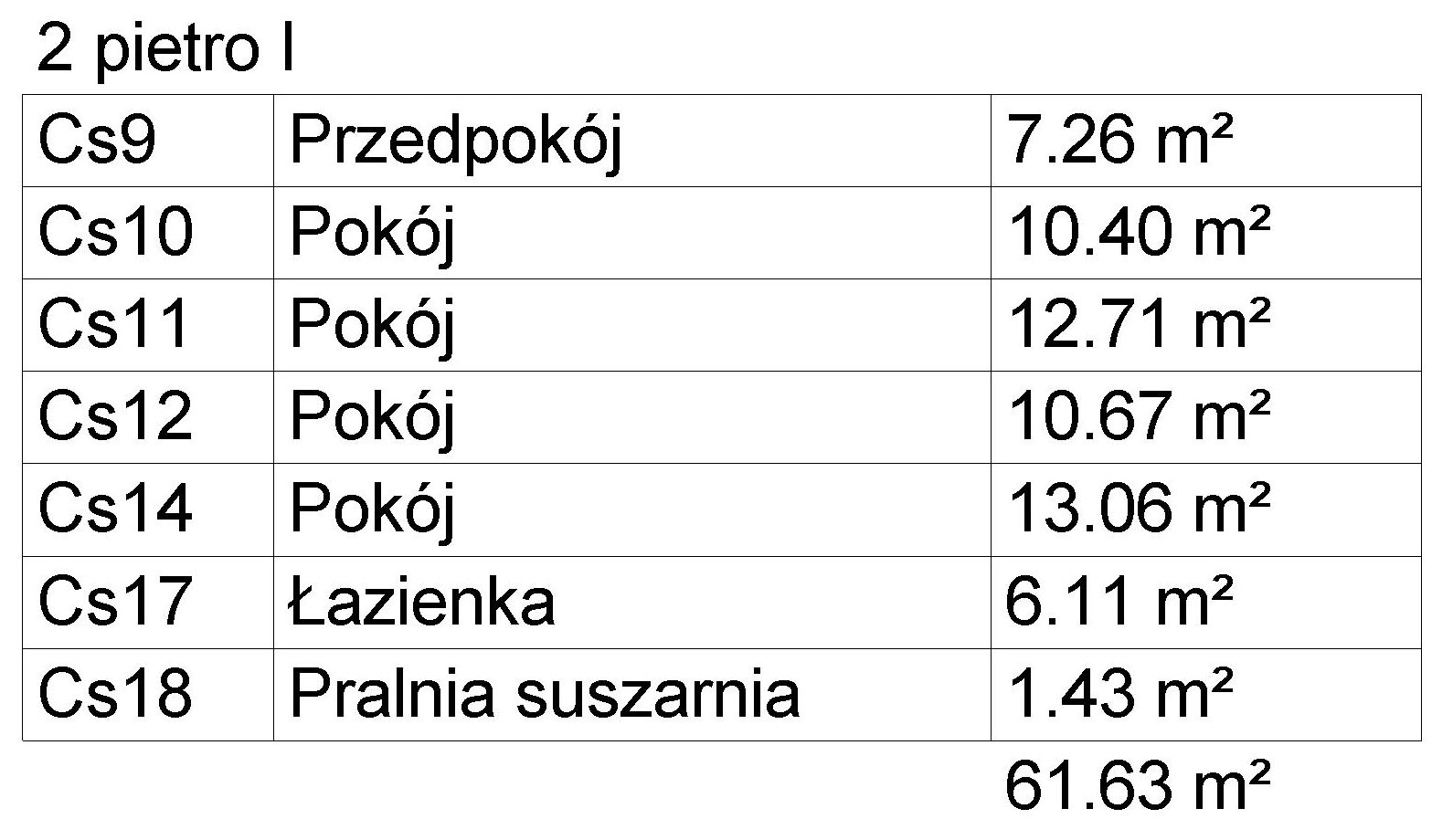 Wykaz pomieszczeń domidea 58 dG w2 - Piętro
